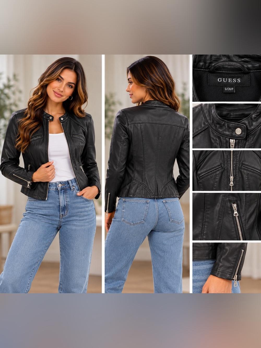Guess Black Fitted Leather Moto Jacket